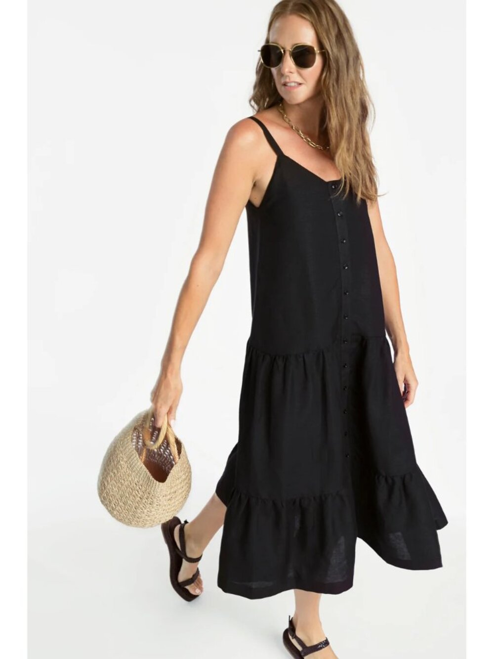 Mabel Frost Emily Black Cotton Sundress Button Down Sz XS